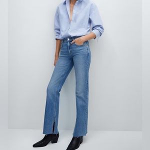 Mango light wash medium rise raw hem slit sides straight leg jeans size 12
